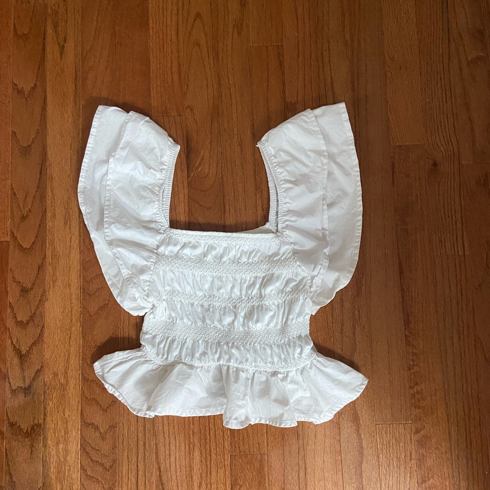 Zara White Ruffled Blouse with Puff Sleeves